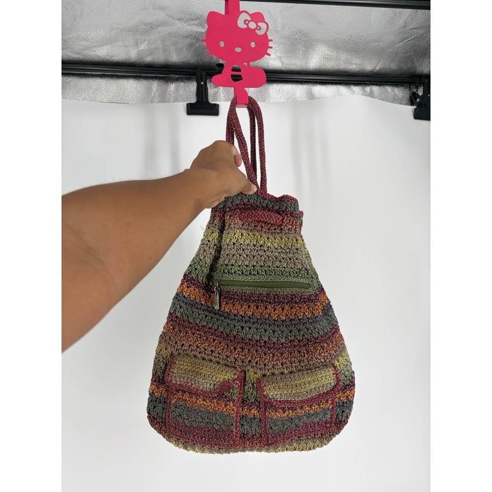 The Sak Boho Crochet Knit Backpack Bag Multicolor Striped Drawstring Purse